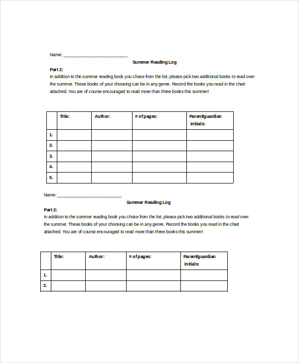 summer reading log template