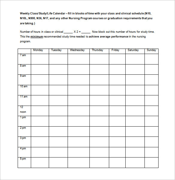 weekly college schedule template