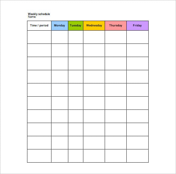 school weekly schedule template in word format