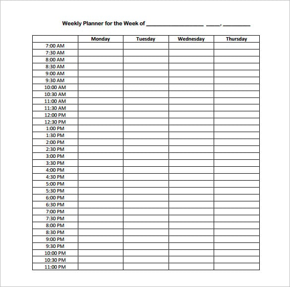 weekly hourly planner schedule template free download pdf