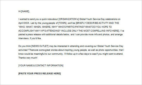 sample pitch press release email template