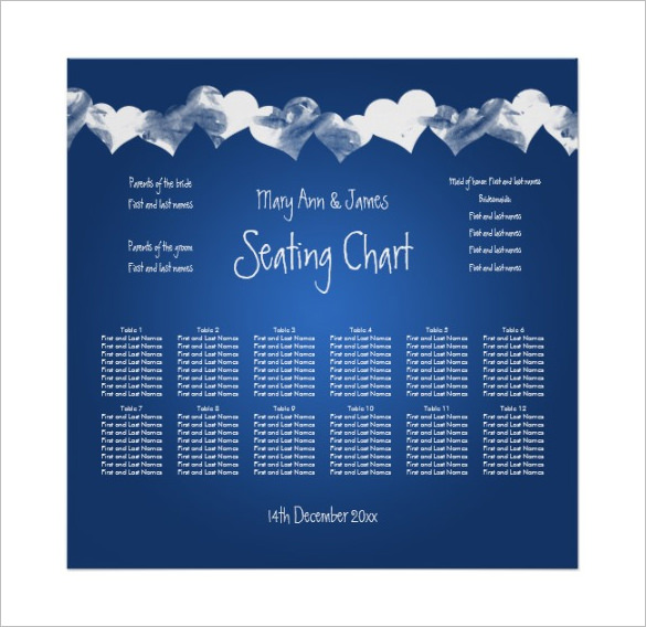 hearts blue wedding seating chart sample template