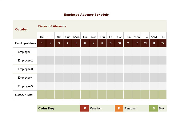 modelo de horário de ausências de férias dos funcionários