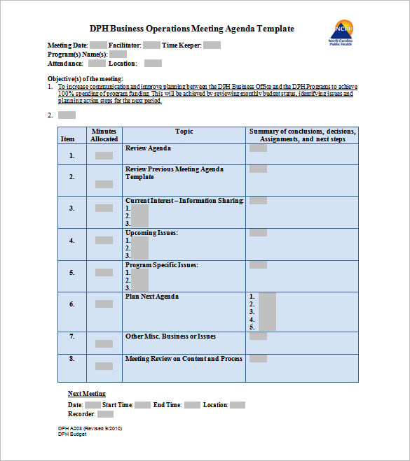 free business operations meeting schedule template
