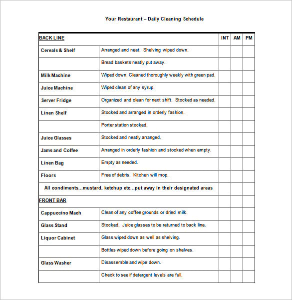 restaurant daily cleaning schedule template free word doc