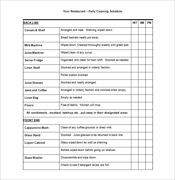 restaurant daily cleaning schedule template free word doc