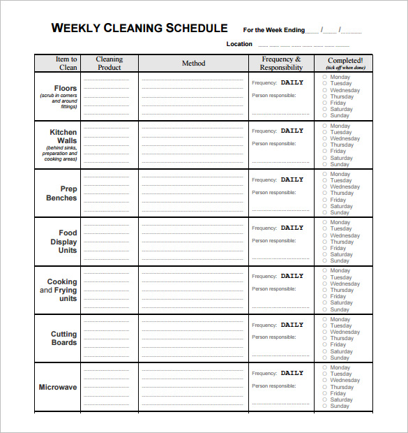 free download weekly cleaning restaurant schedule template