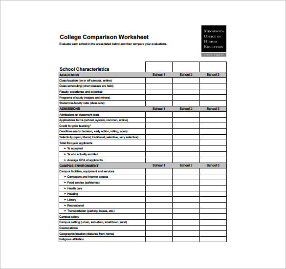 college comparison chart pdf format download