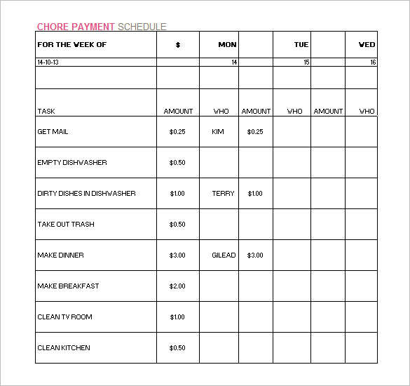 free chore payment schedule template for excel