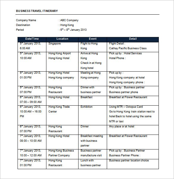 business travel schedule template