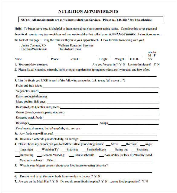 nutrition appointment scheduling form free format