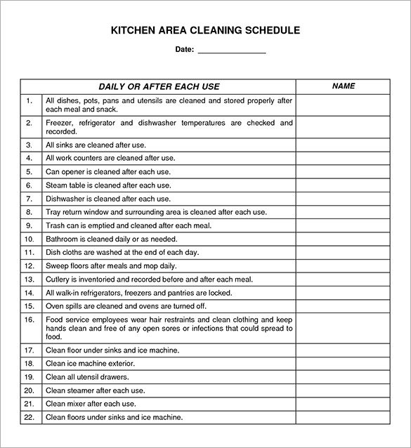 printable kitchen area cleaning schedule template