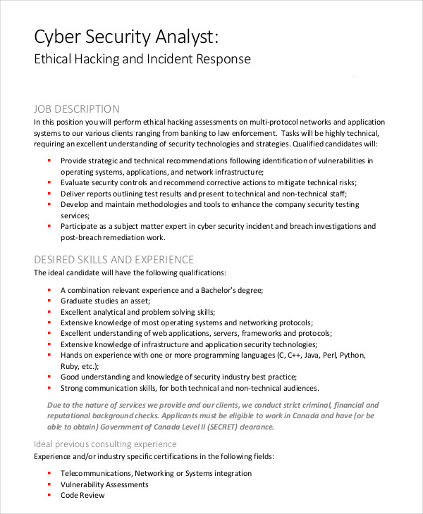 Cyber Security Job Description Template