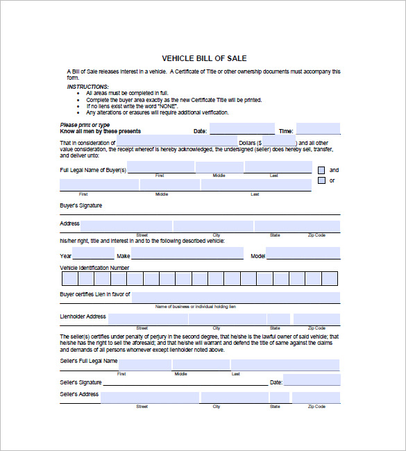 Vehicle Bill Of Sale 10 Free Word Excel PDF Format Download