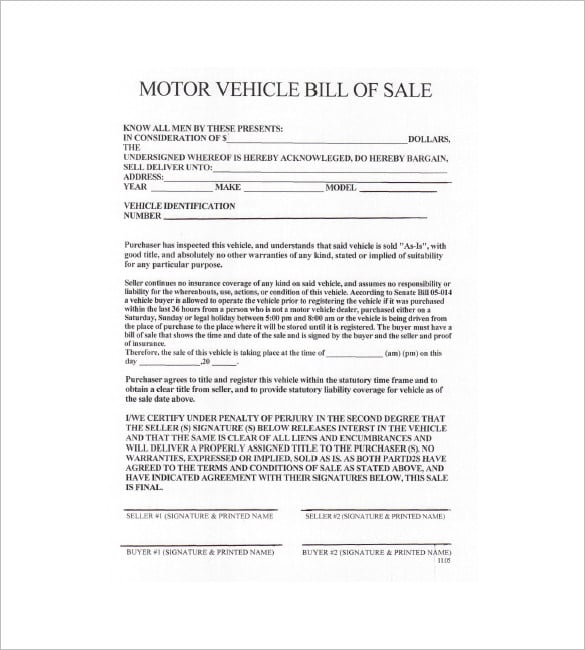 8 vehicle bill of sale free sample example format