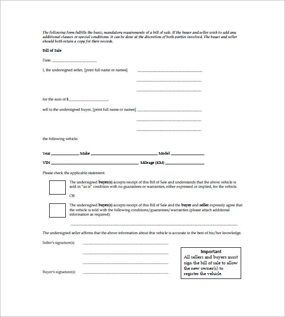 car bill of sale form