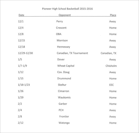 high school 2015 2016 basketball schedule template pdf