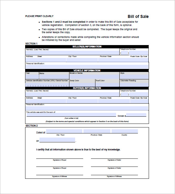 automobile bill of sale template