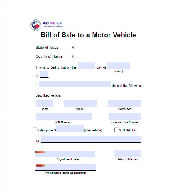 automobile bill of sale form