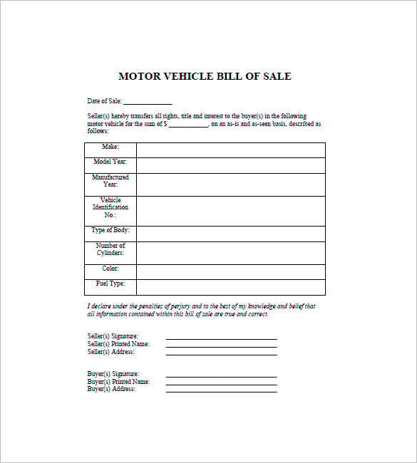automobile bill of sale template free download