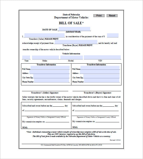 printable bill of sale form