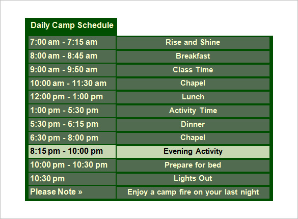 summer camp daily schedule sample