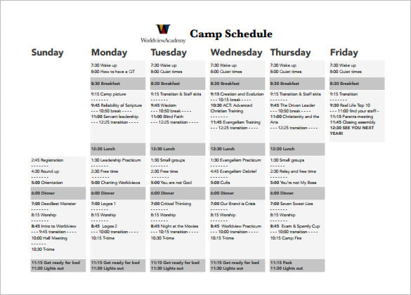 weekly camp schedule template pdf download