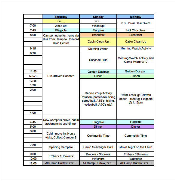 youth camp chids schedule template free pdf