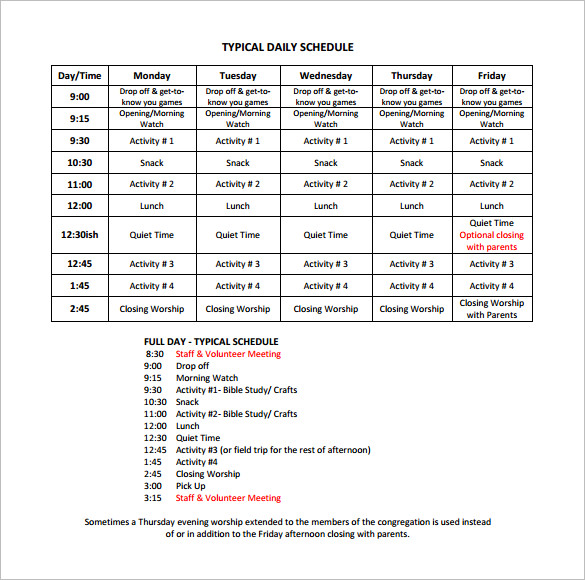 typical campl daily schedule template free download