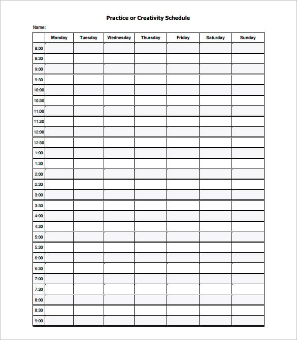 printable blank creativity practice schedule template