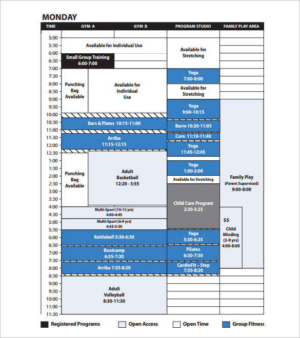 weekley fitness program schedule template download