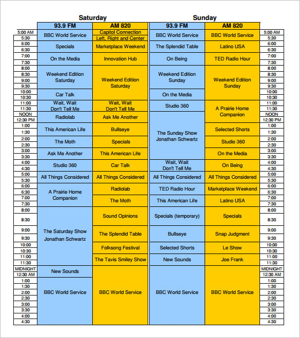 weekly nyc program schedule template free download