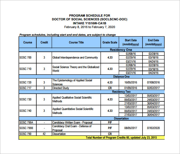 social sciences program schedule template