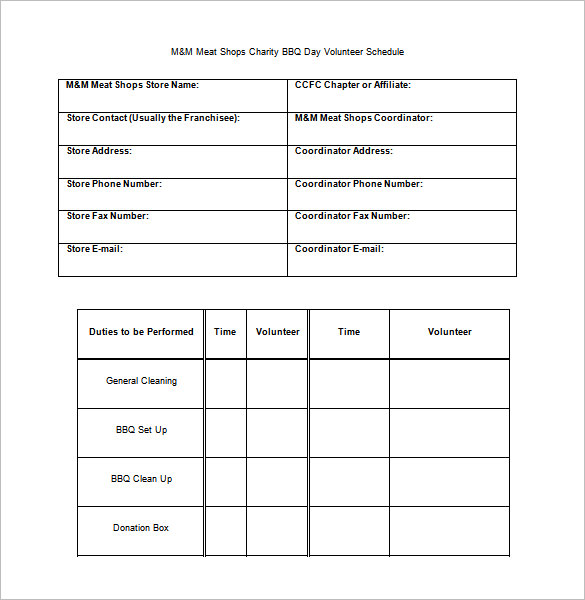 charity bbq day volunteer schedule template free word format