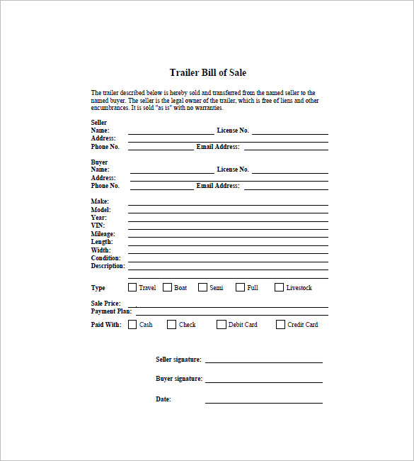 trailer bill of sale template pdf