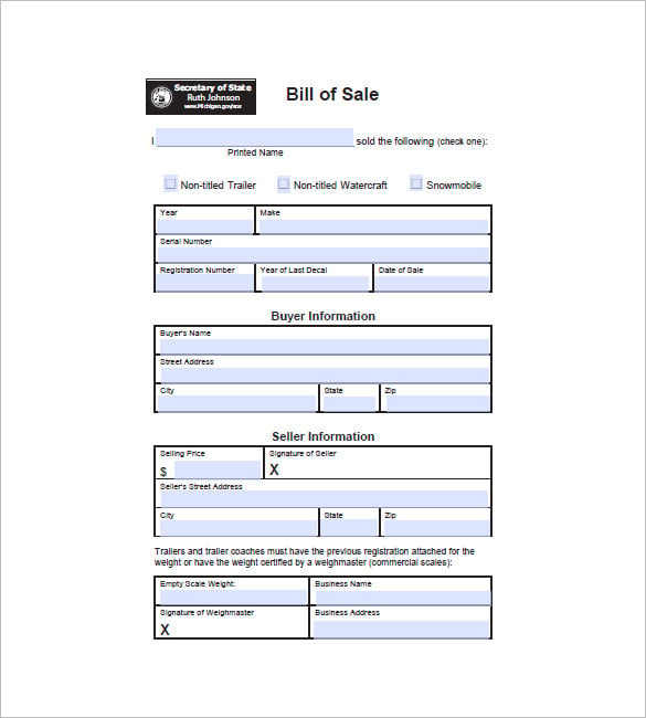 trailer bill of sale form free printable