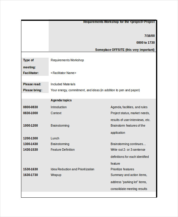 Requirements Workshop Agenda Template