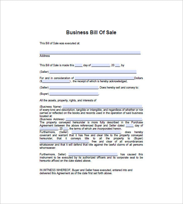business bill of sale sample