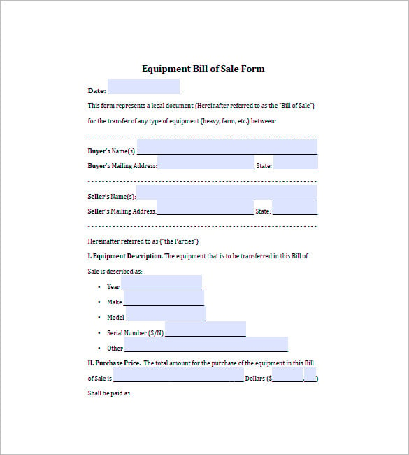 Equipment Bill of Sale 7+ Free Word, Excel, PDF Format Download