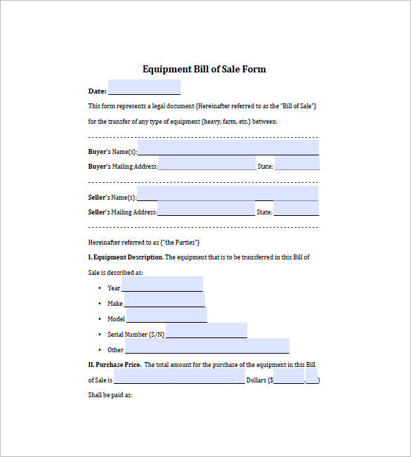 equipment bill of sale 7 free word excel pdf format download