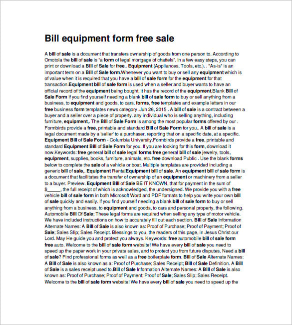 sample equipment bill of sale template