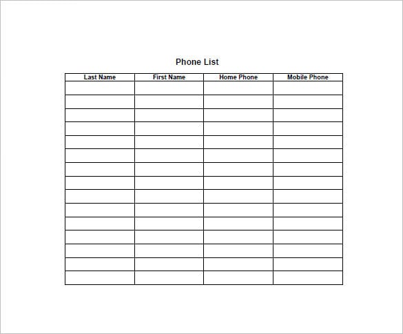 sample phone list template