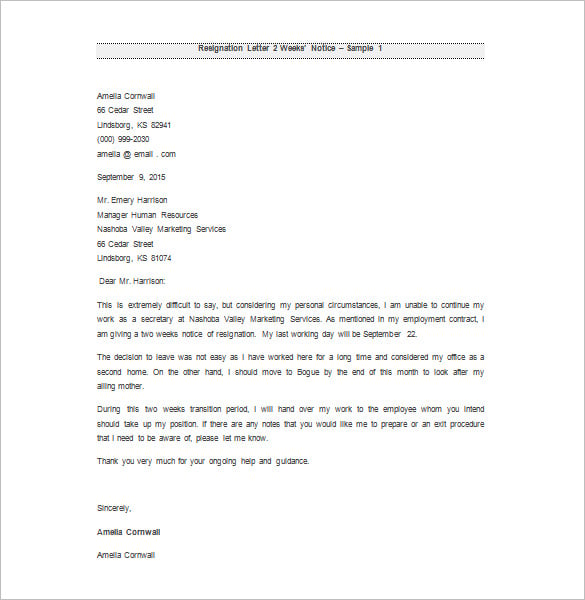 free download resignation letter 2 weeks notice example
