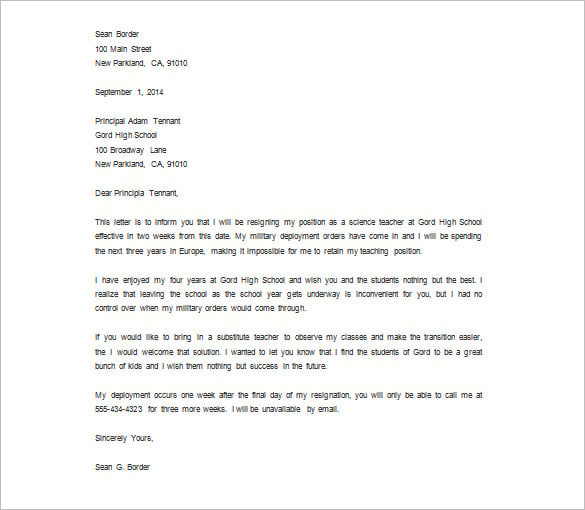 teacher resignation letter to principal sample free download