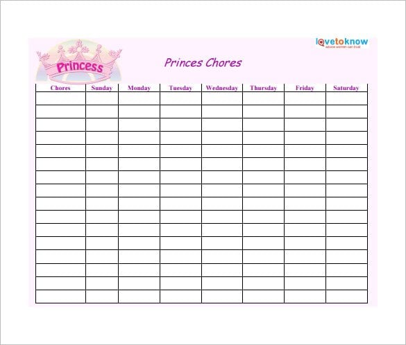 weekly chore chart for prince free pdf template