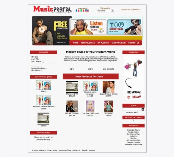 music portal music store zencart theme