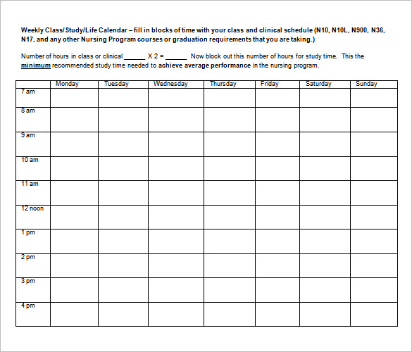 class and clinical weekly schedule template