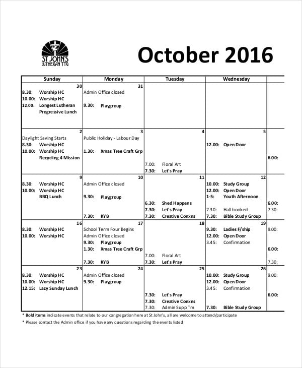 Monthly Meeting Calendar Template