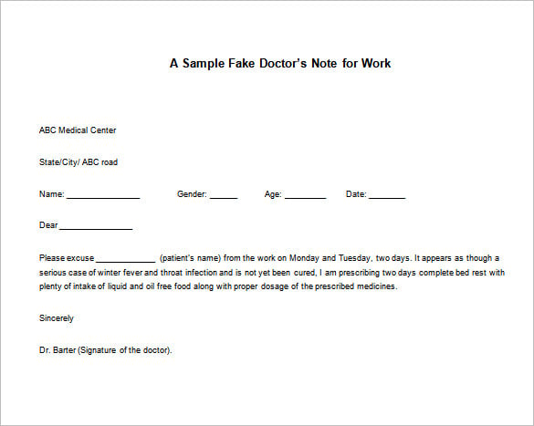 doctor’s excuse note for work sample word download