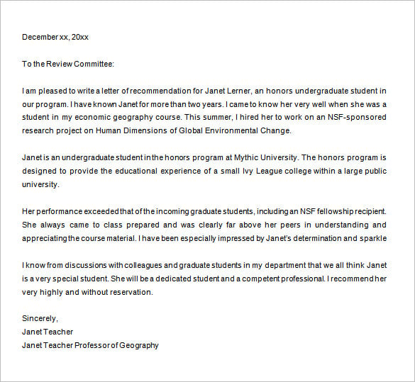 graduate school recommendation letter template